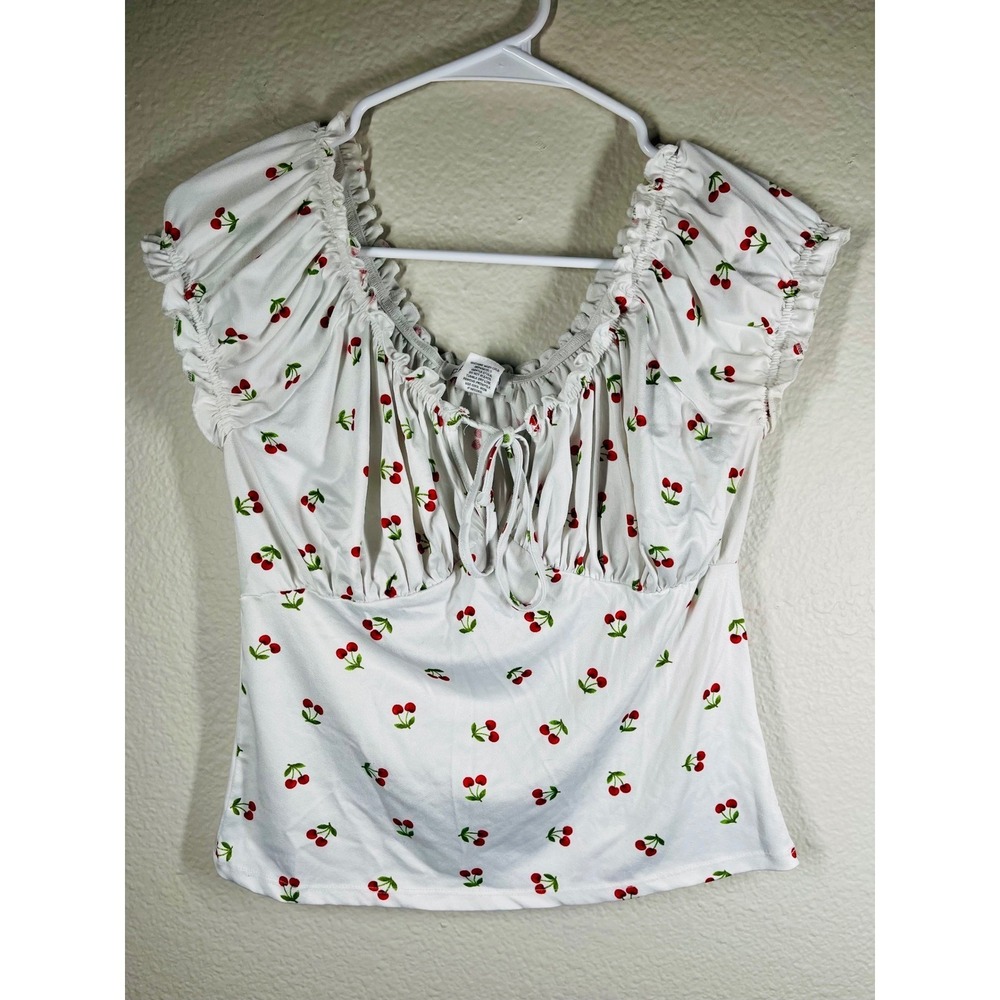 Planet Gold White Cherry Print Ruffle Trim Drawstring Top Blouse Cute Sz small